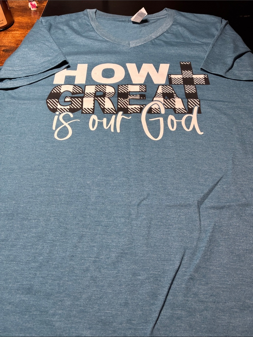 Ladies Blue Graphic Tee - "How Great Is Our God"